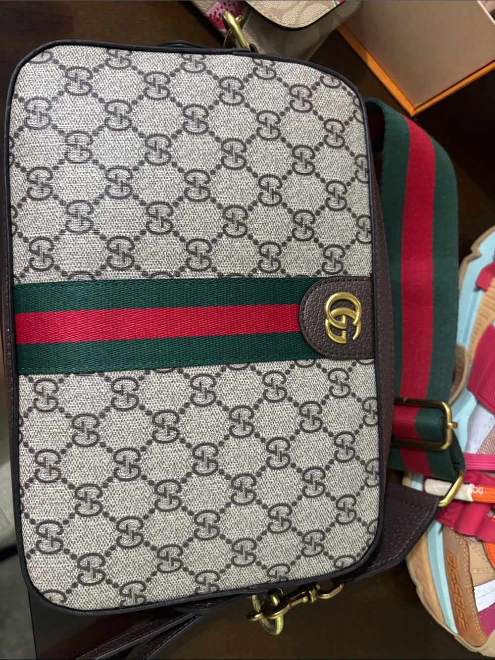 Gucci Beige GG Supreme Messenger Bag with Green and Red Web Stripe